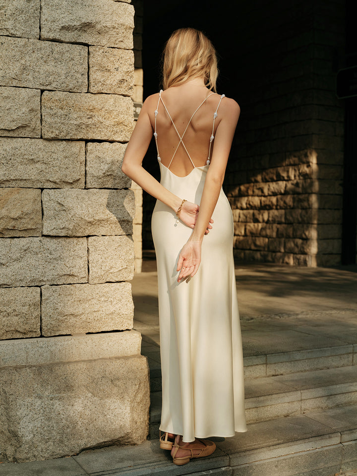 Satin backless slip dress - Apricot - S - Commense Satin backless slip dress - Apricot - S - Commense