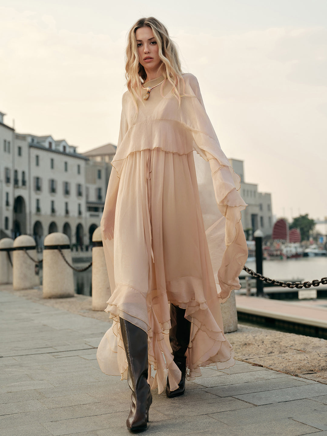 Semi-Sheer Chiffon Layered Dress With Cloak | COMMENSE Semi-Sheer Chiffon Layered Dress With Cloak | COMMENSE