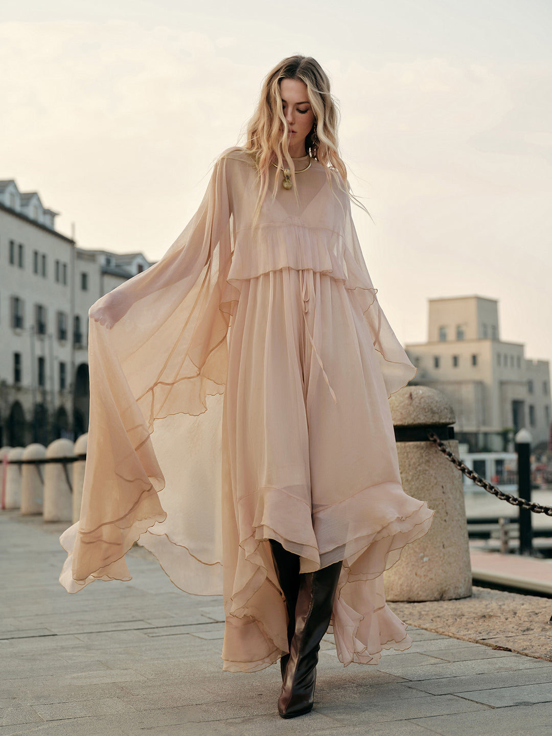 Semi-Sheer Chiffon Layered Dress With Cloak Semi-Sheer Chiffon Layered Dress With Cloak