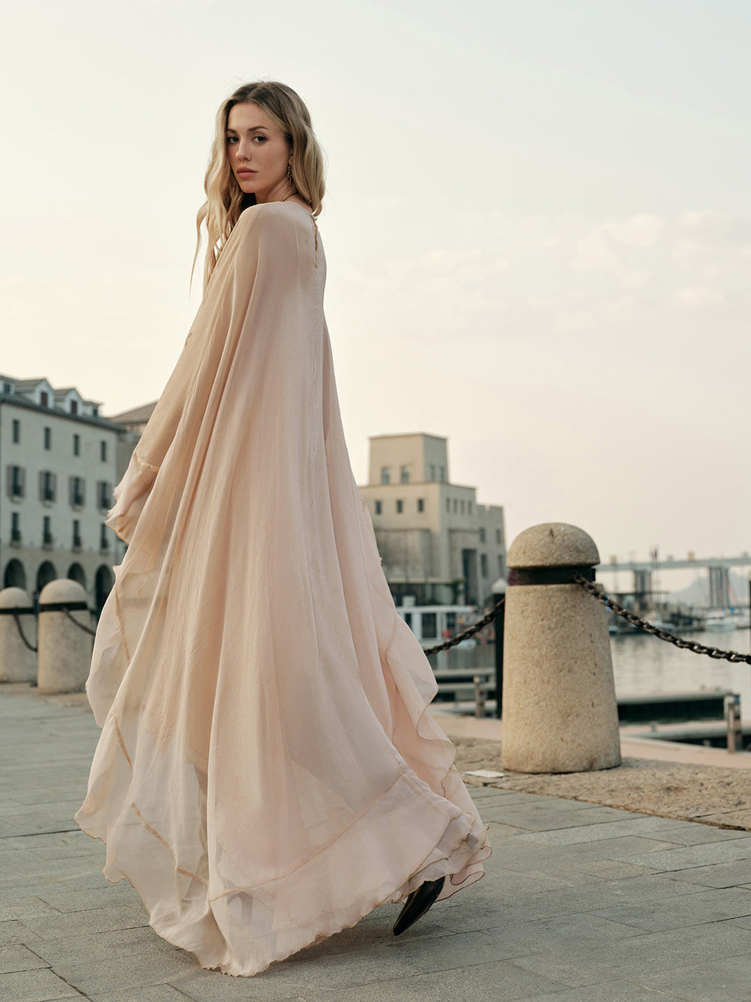 Semi-Sheer Chiffon Layered Dress With Cloak | COMMENSE