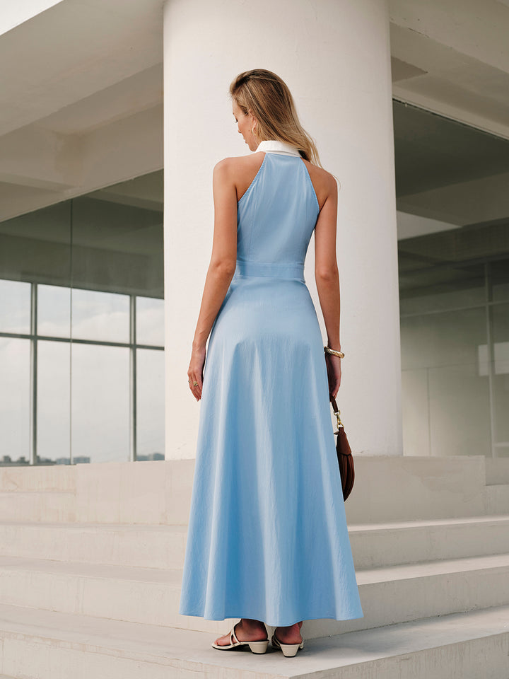Button sleeveless collar dress - Blue