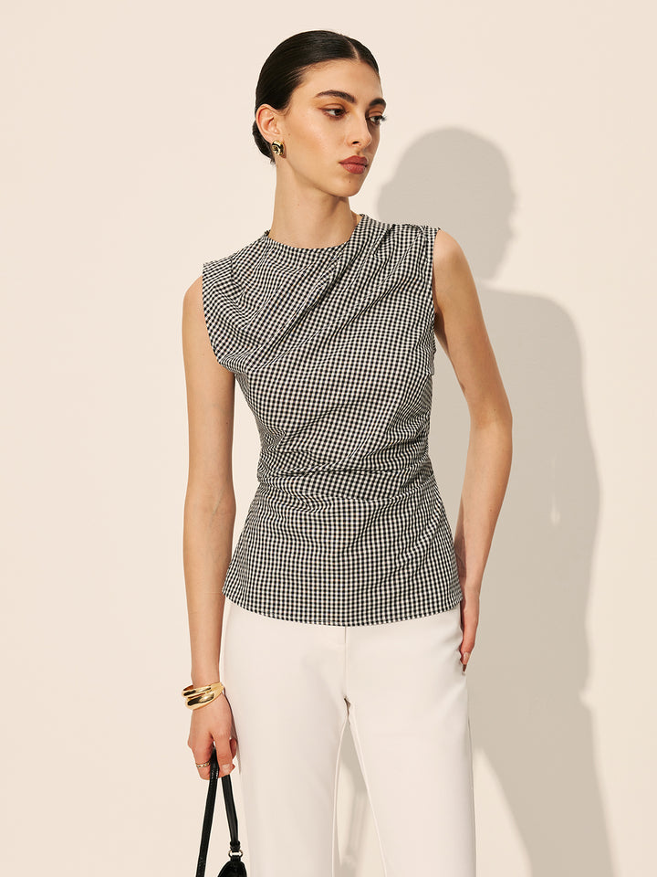 LAVENHAM - LAVENHAM♡SLEEVELESS SHIRT WOMENS Gingham Ruched Sleeveless Top – COMMENSE