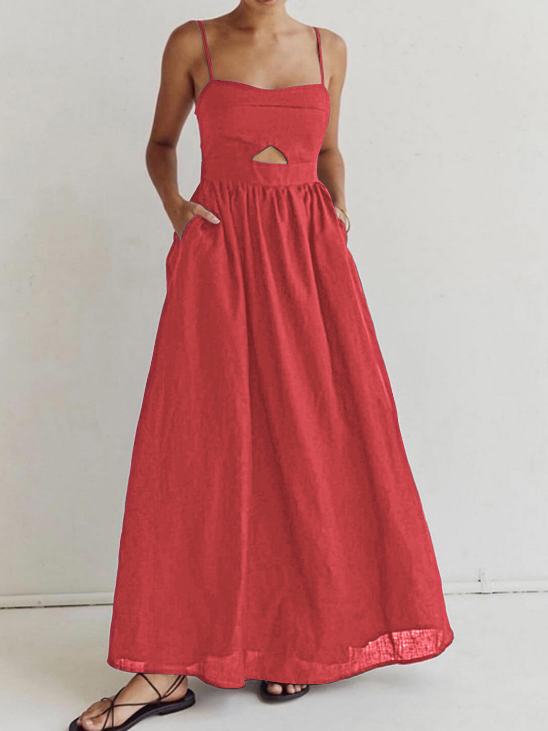 Cotton sleeveless pockets cutout long dress - Black - L - Commense Cotton sleeveless pockets cutout long dress - Black - L - Commense