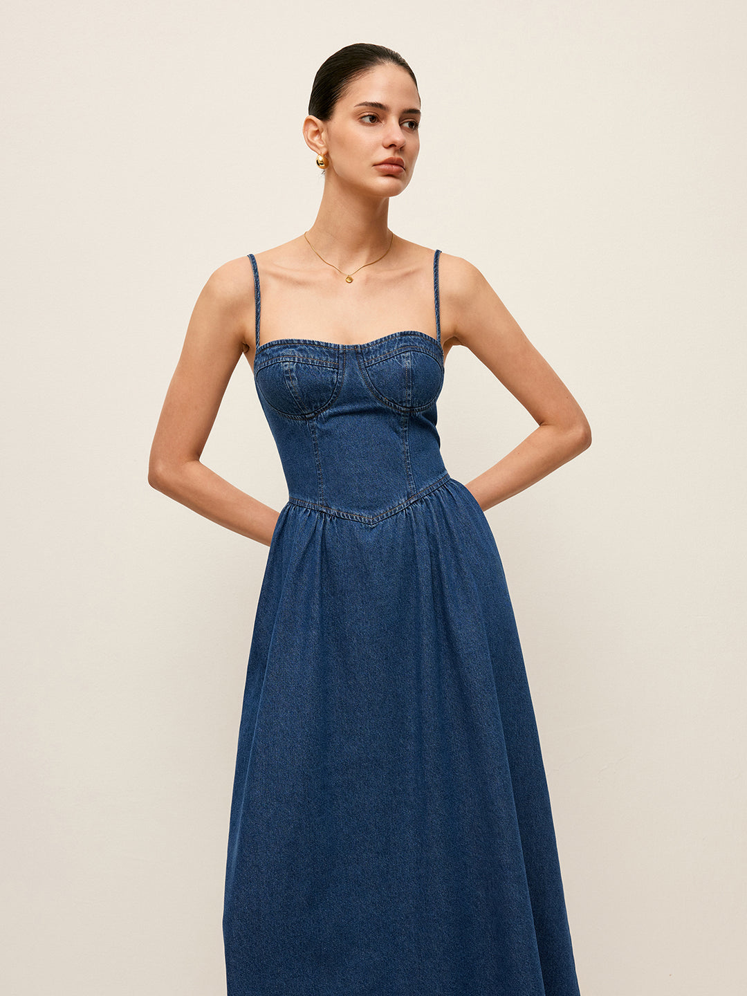 green emerald velvet dress Elegant Denim Large Lapel Collar, Cut Out Waist Summer Slit Long Dress main image 1