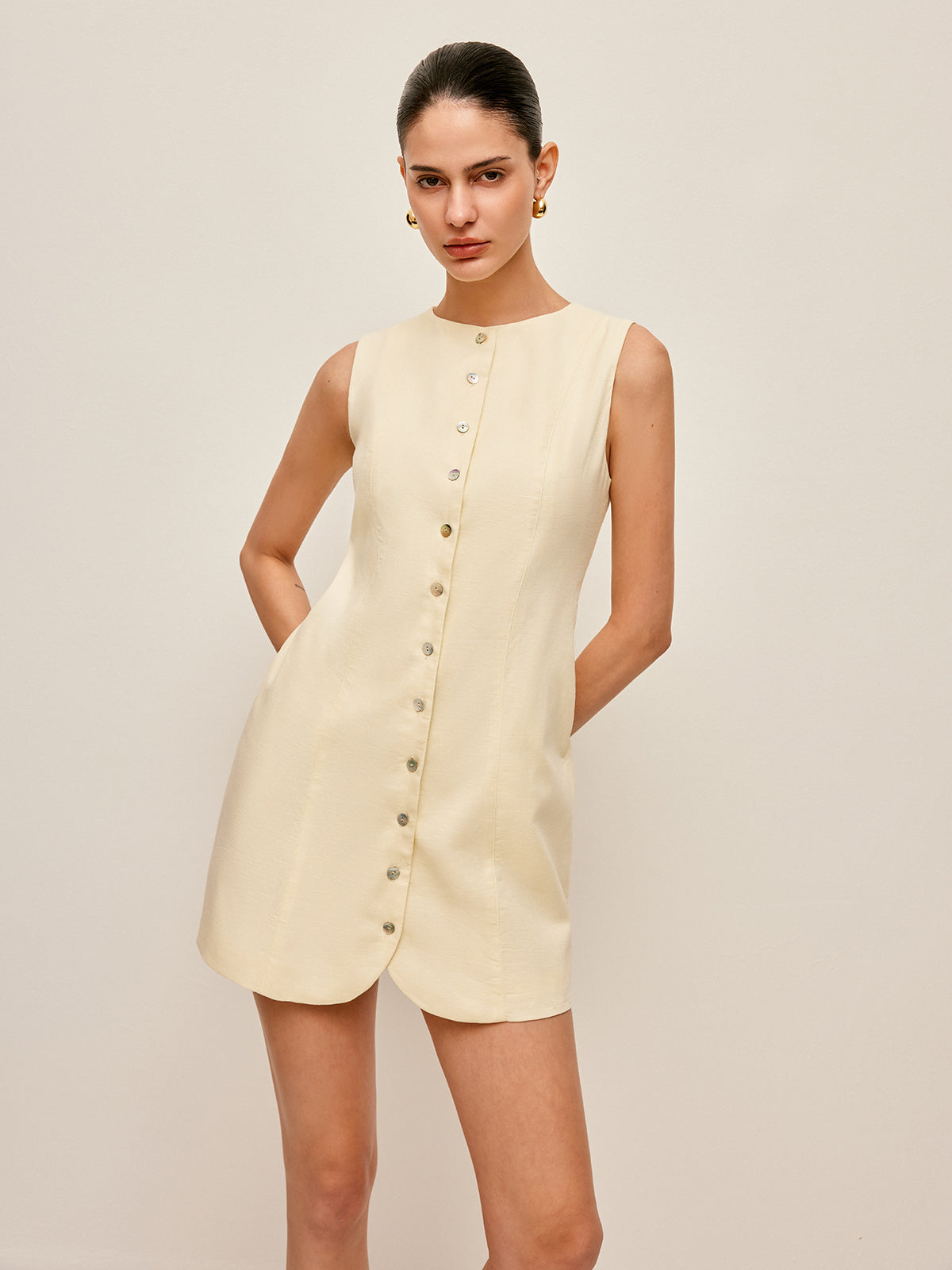 Button-Front Cotton & Linen Sleeveless Dress | COMMENSE Button-Front Cotton & Linen Sleeveless Dress | COMMENSE