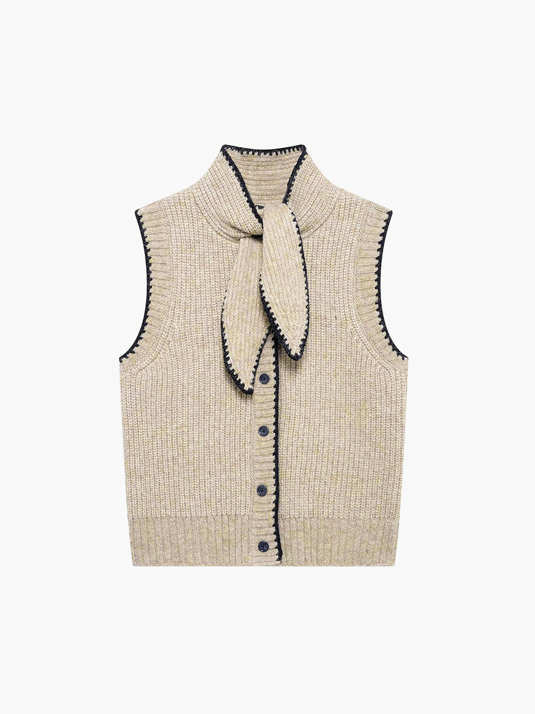 Tie Neck Contrast Trim Button Sweater Vest – COMMENSE