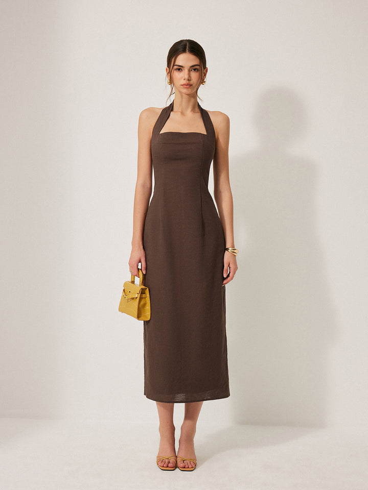 Cotton & Linen Halter Backless Split Dress