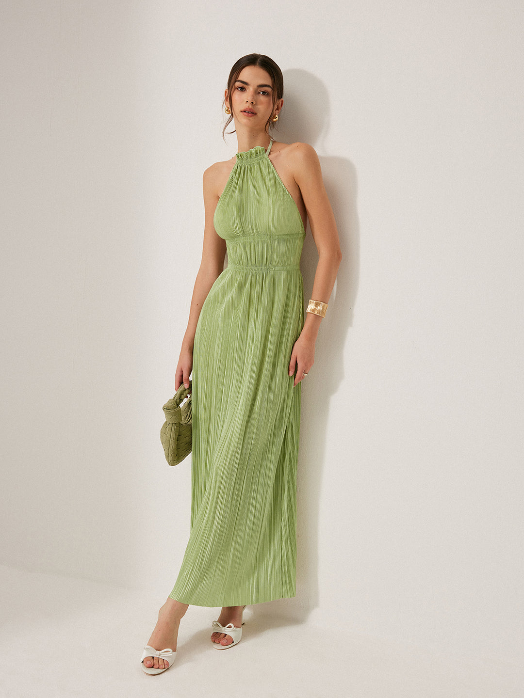 Pleated Halter Backless Dress | COMMENSE