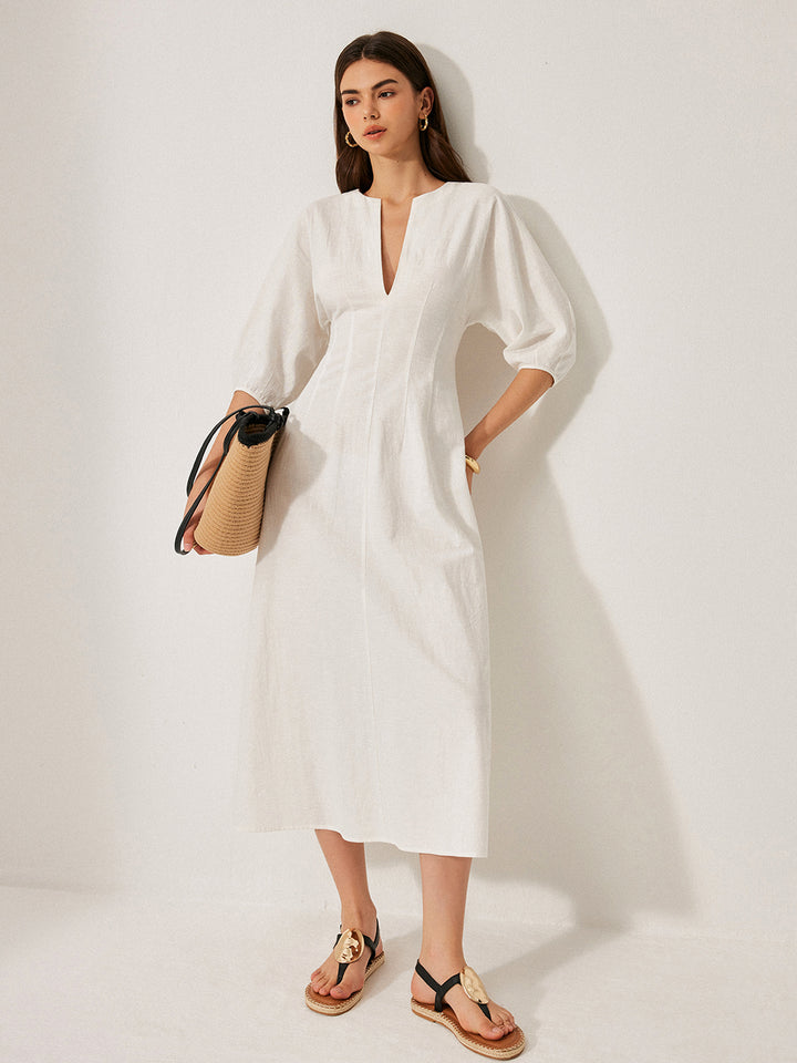 Cotton & Linen Puff Sleeve Dress Without Belt | COMMENSE Cotton & Linen Puff Sleeve Dress Without Belt | COMMENSE