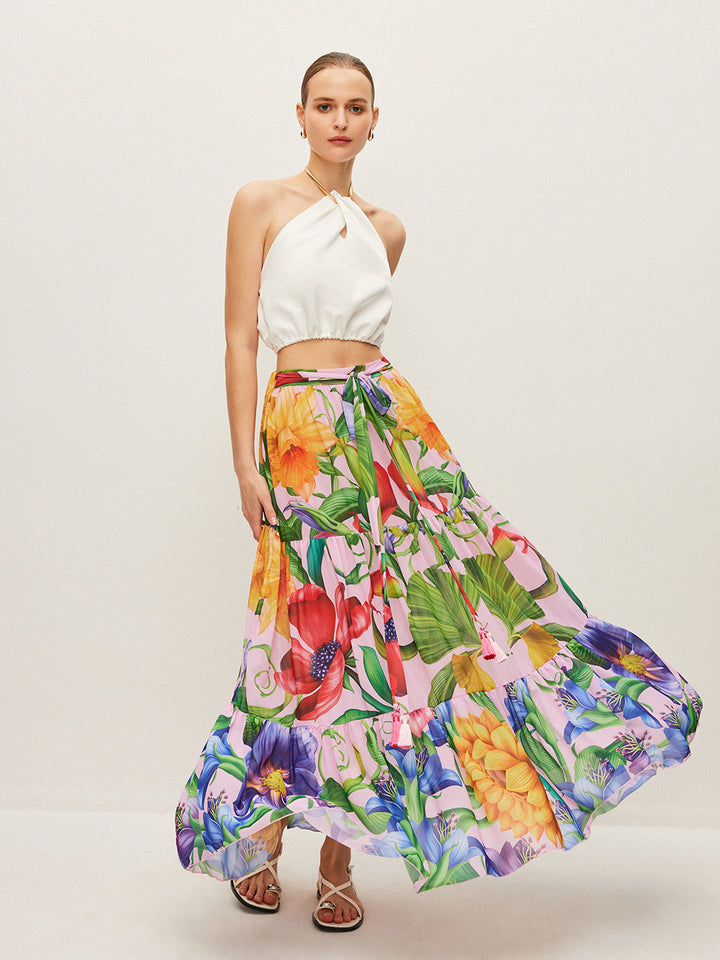 Semi-Sheer Floral Print Belted Chiffon Skirt – COMMENSE
