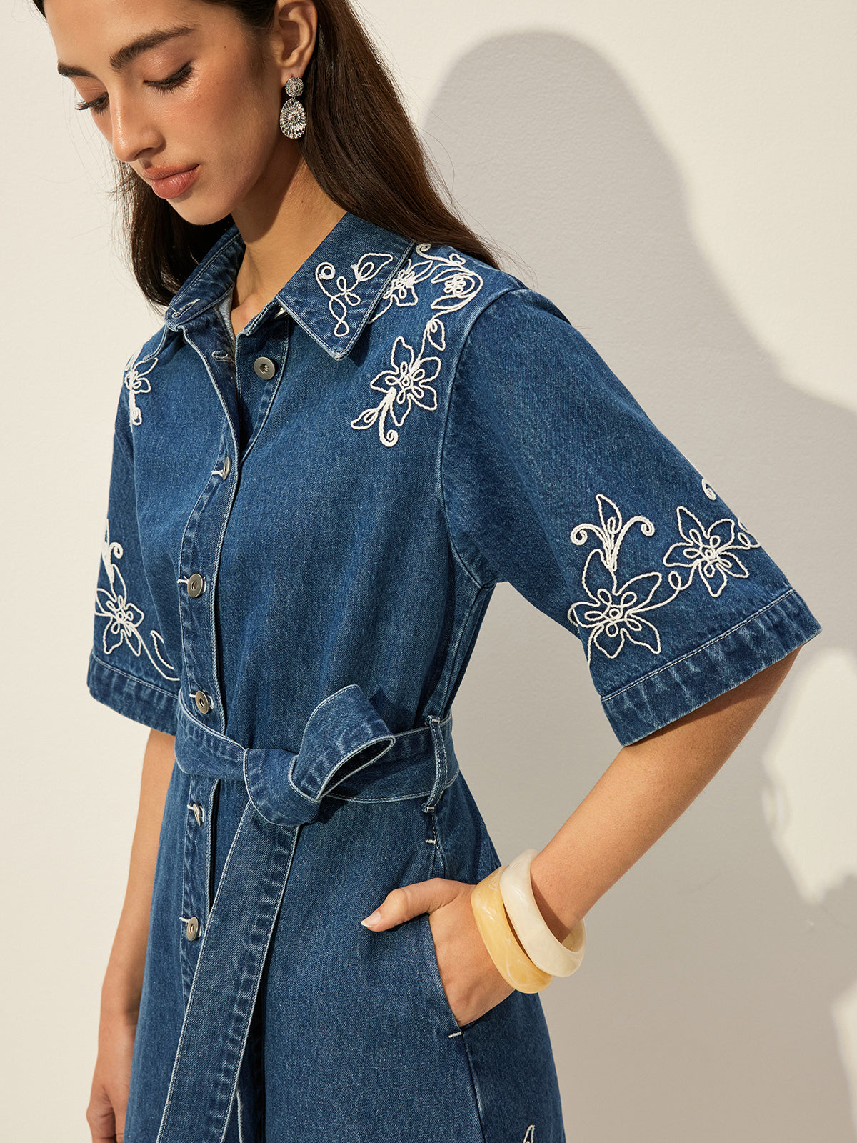 Embroidered Denim Shirt Dress With Belt | COMMENSE
