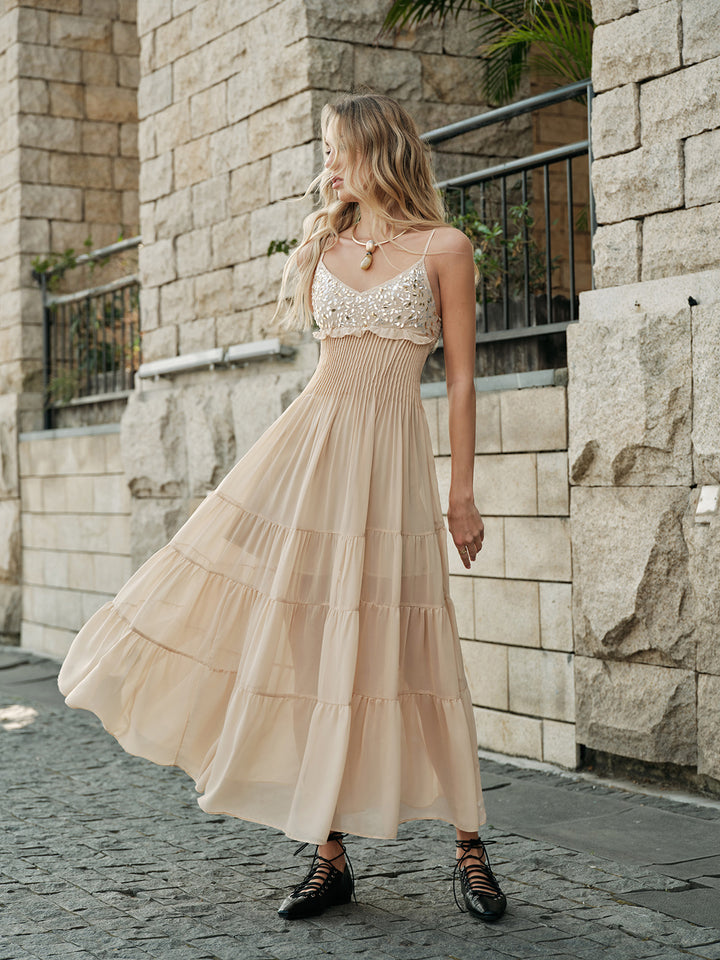 Semi-Sheer Embroidered Bustier Tiered Dress | COMMENSE