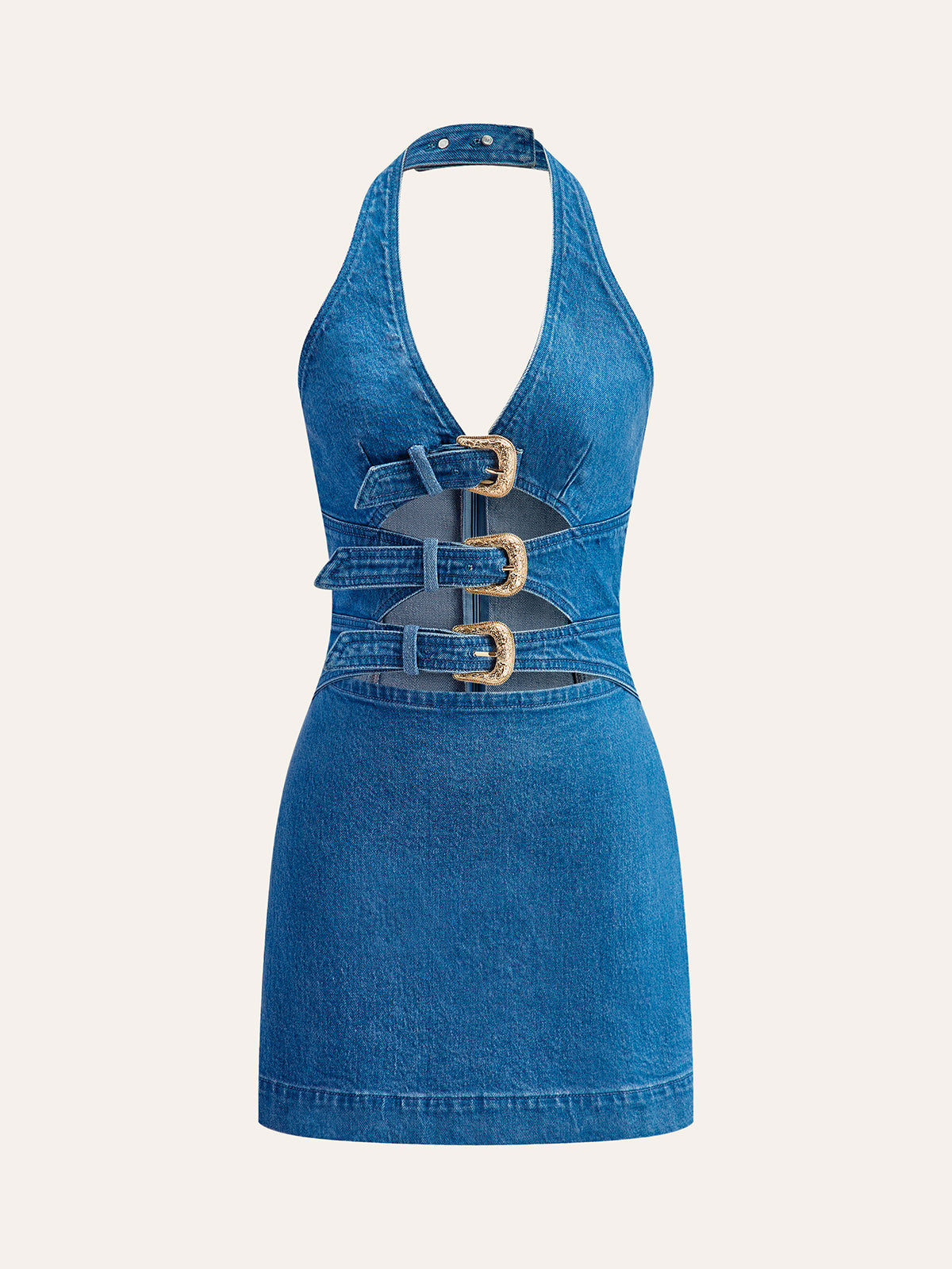 Halter neck buckle detail denim dress - Black - S Halter neck buckle detail denim dress - Black - S