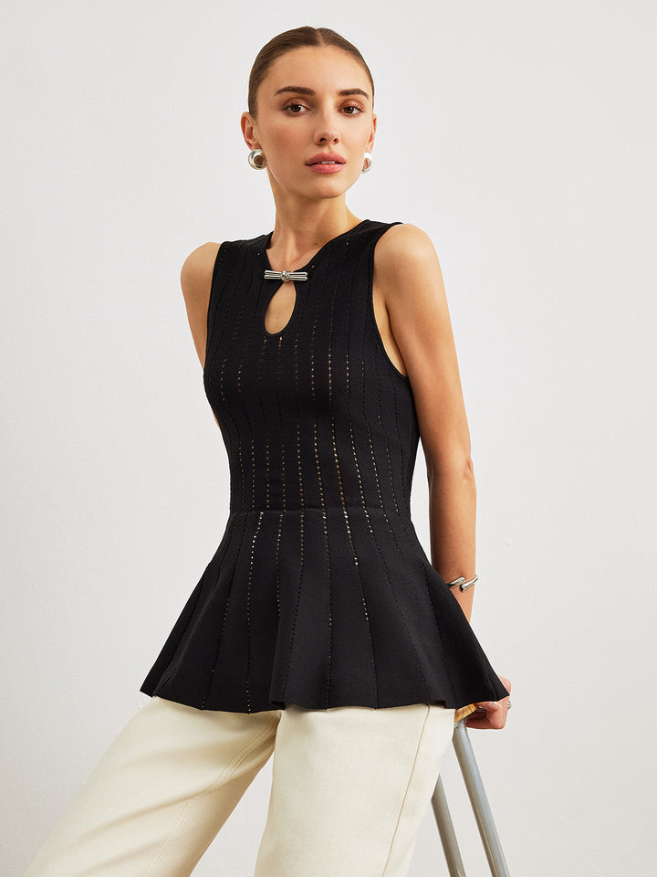 人気新品入荷 Knit Semi-Sheer Peplum COMMENSE – Detail Bow With Top トップス