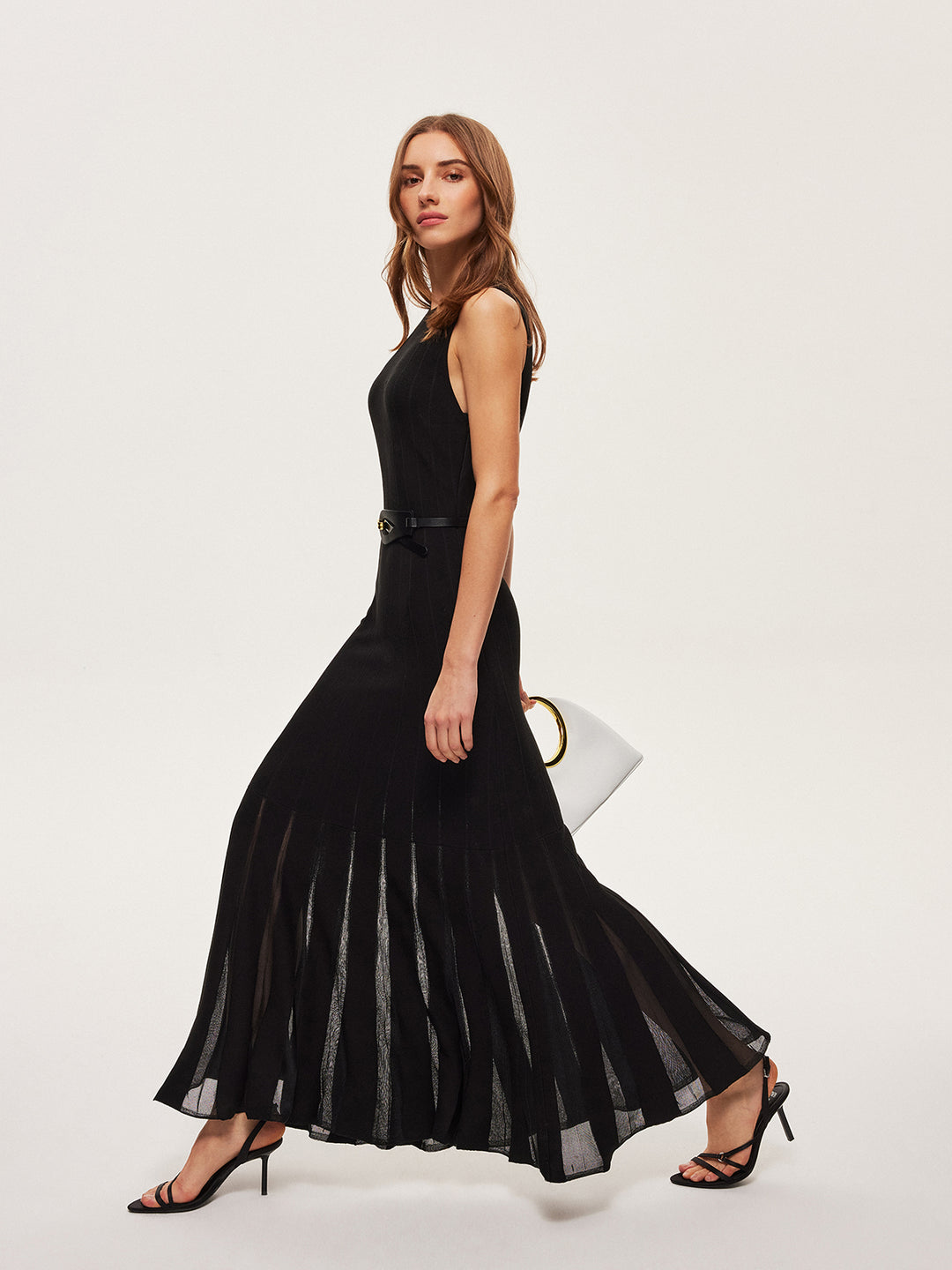 Semi-Sheer Mesh Flared Dress Without Belt - Black - M