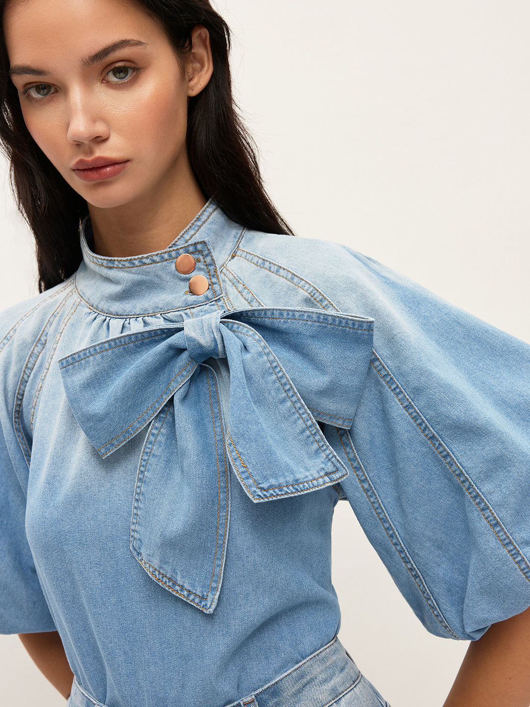 Denim Puff-Sleeve Top With Bow Detail | COMMENSE