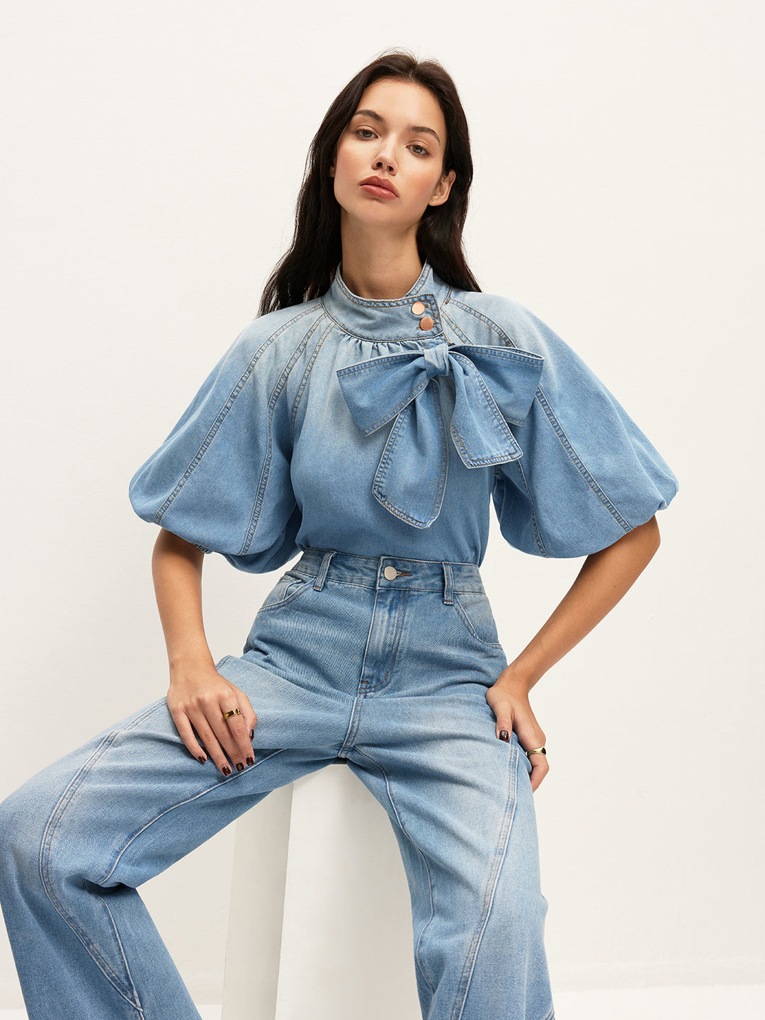 Denim Puff-Sleeve Top With Bow Detail – COMMENSE