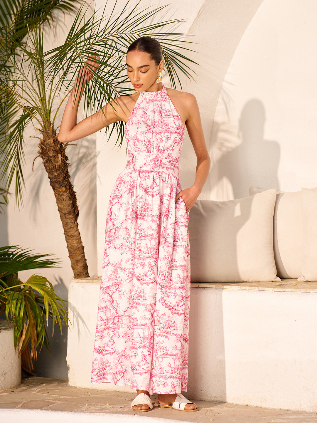 commense halter dress Neck Printed Backless With Pockets Lady Black Tie - Figure-flattering Invisible Zipper Sleeve Length Color:BLUE TINT