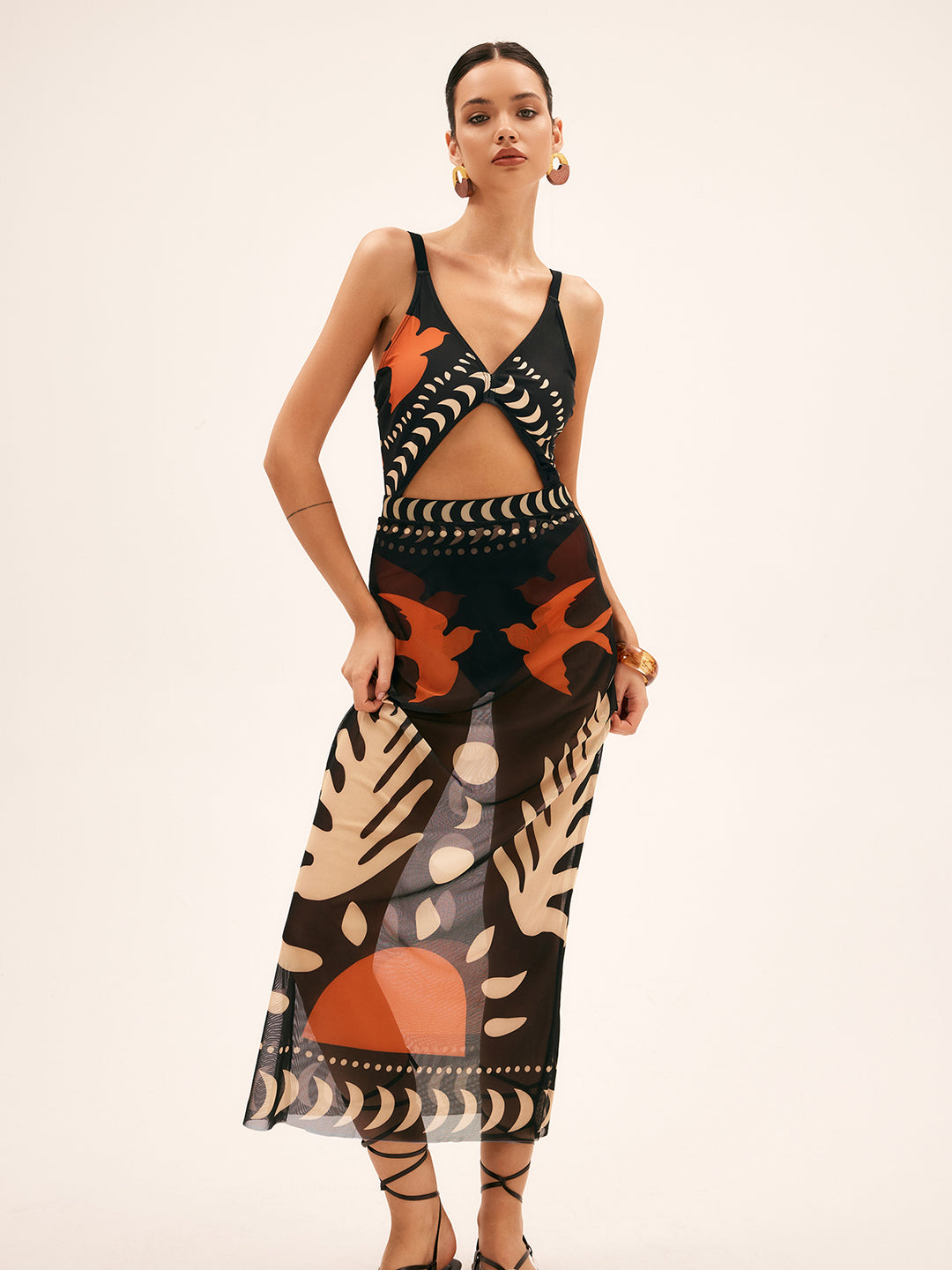 Bird Print Mesh Cover Up Maxi Skirt – COMMENSE