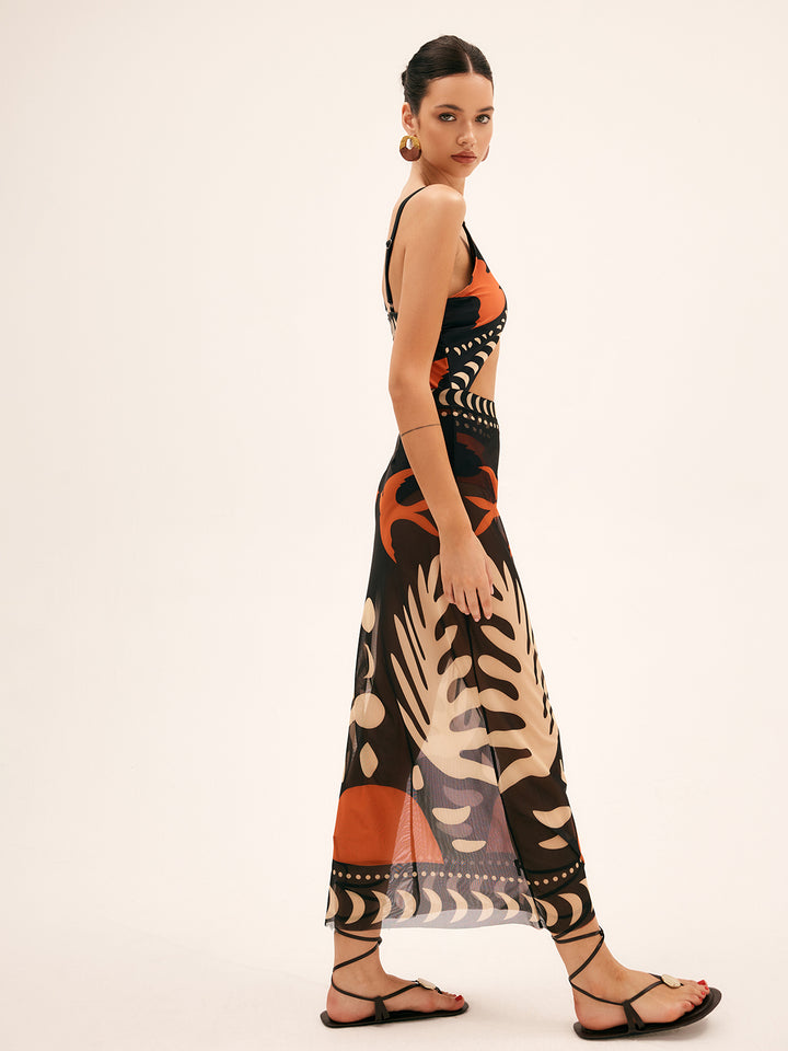 Bird Print Mesh Cover Up Maxi Skirt | COMMENSE