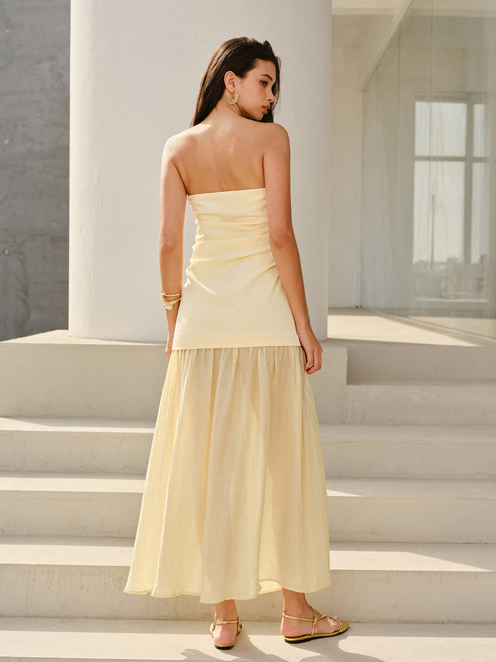 commense maxi dress Semi-Sheer Strapless Ruched Maxi Dress