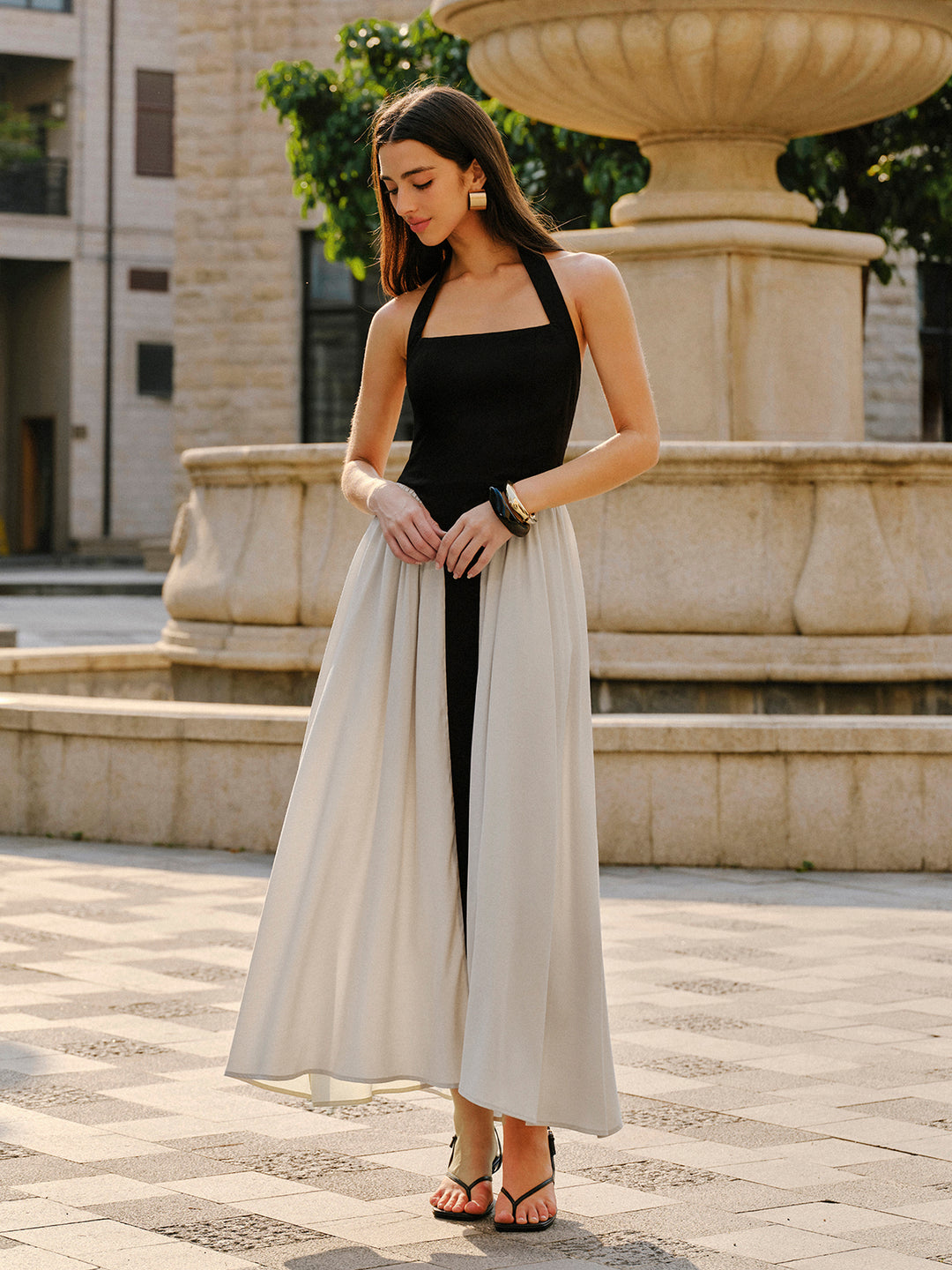 commense halter dress Color Block Neck Linen Blend Style:CM1529J02 Neck:19.5 Crew Neck Size White Graduation Dresses |