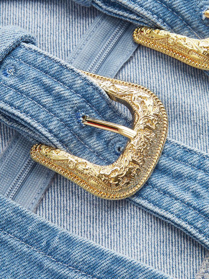 Halter neck buckle detail denim dress - Blue