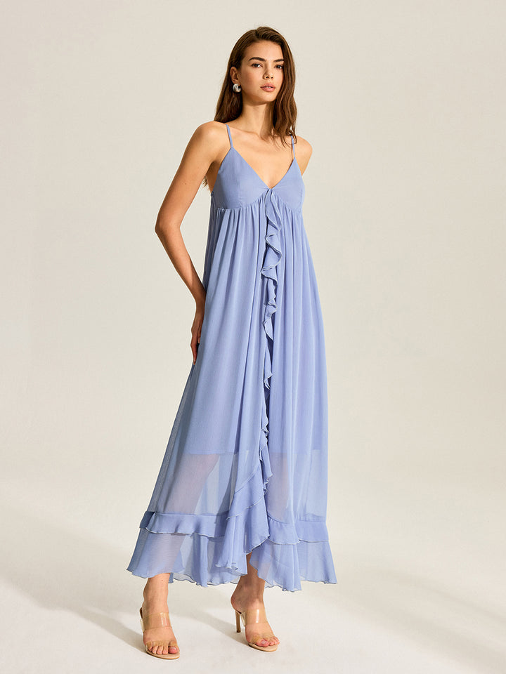 white christmas dresses Semi-Sheer Chiffon Ruffle Dress With Outer Cape - Dark Brown - M main image 0