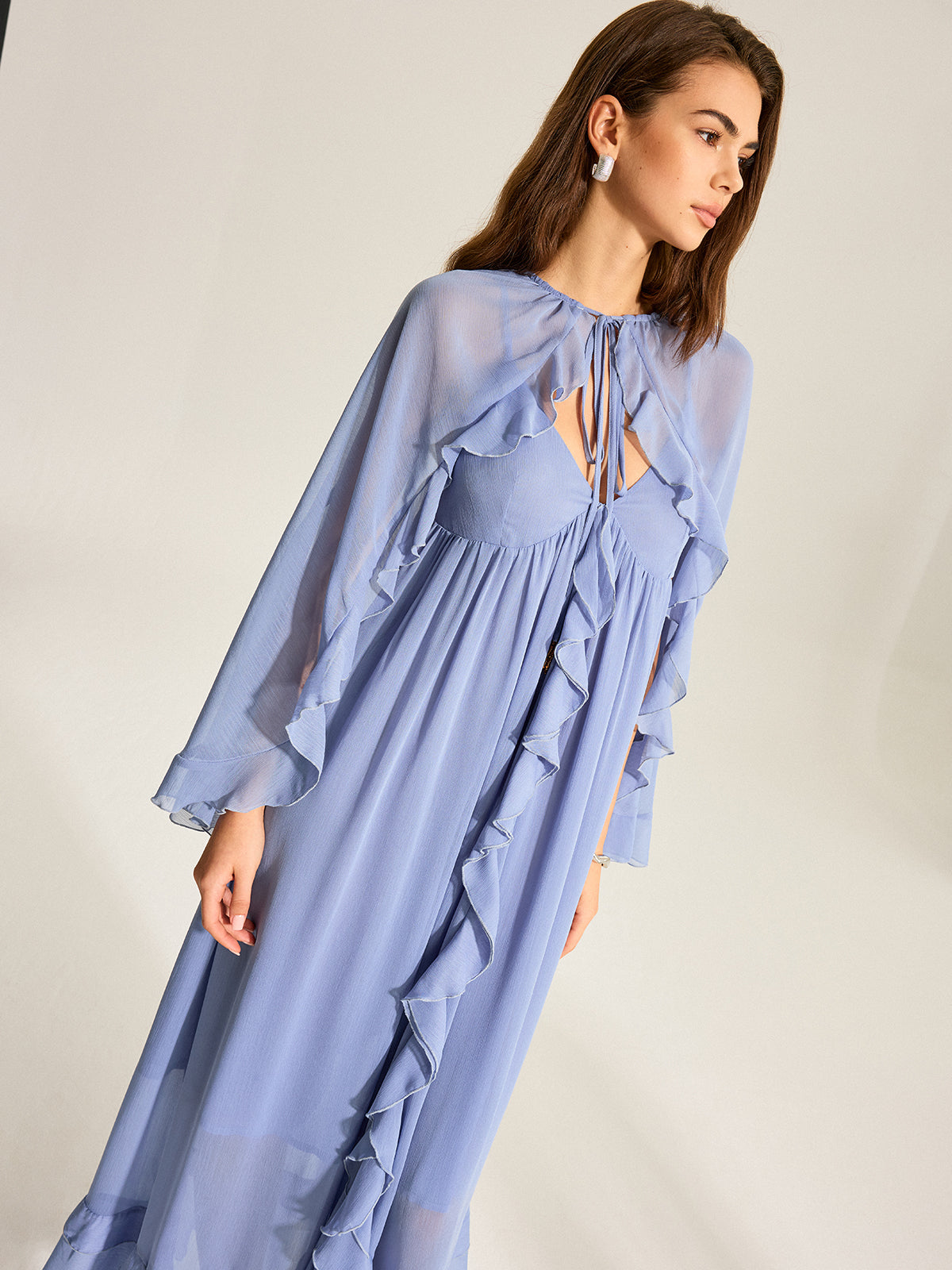 Semi-sheer cape two-piece ruffled chiffon dress - Blue - XS Semi-sheer cape two-piece ruffled chiffon dress - Blue - XS
