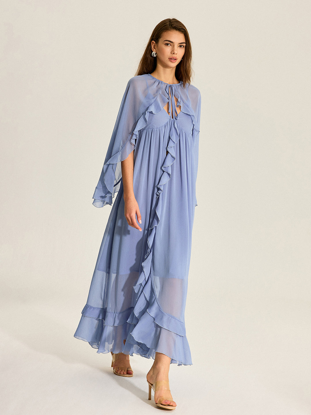 Semi-Sheer Cape Two-Piece Ruffled Chiffon Dress - Blue