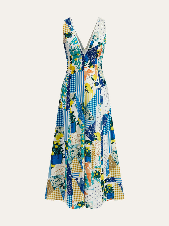 Lemonade print lace trim long dress - Multicolor