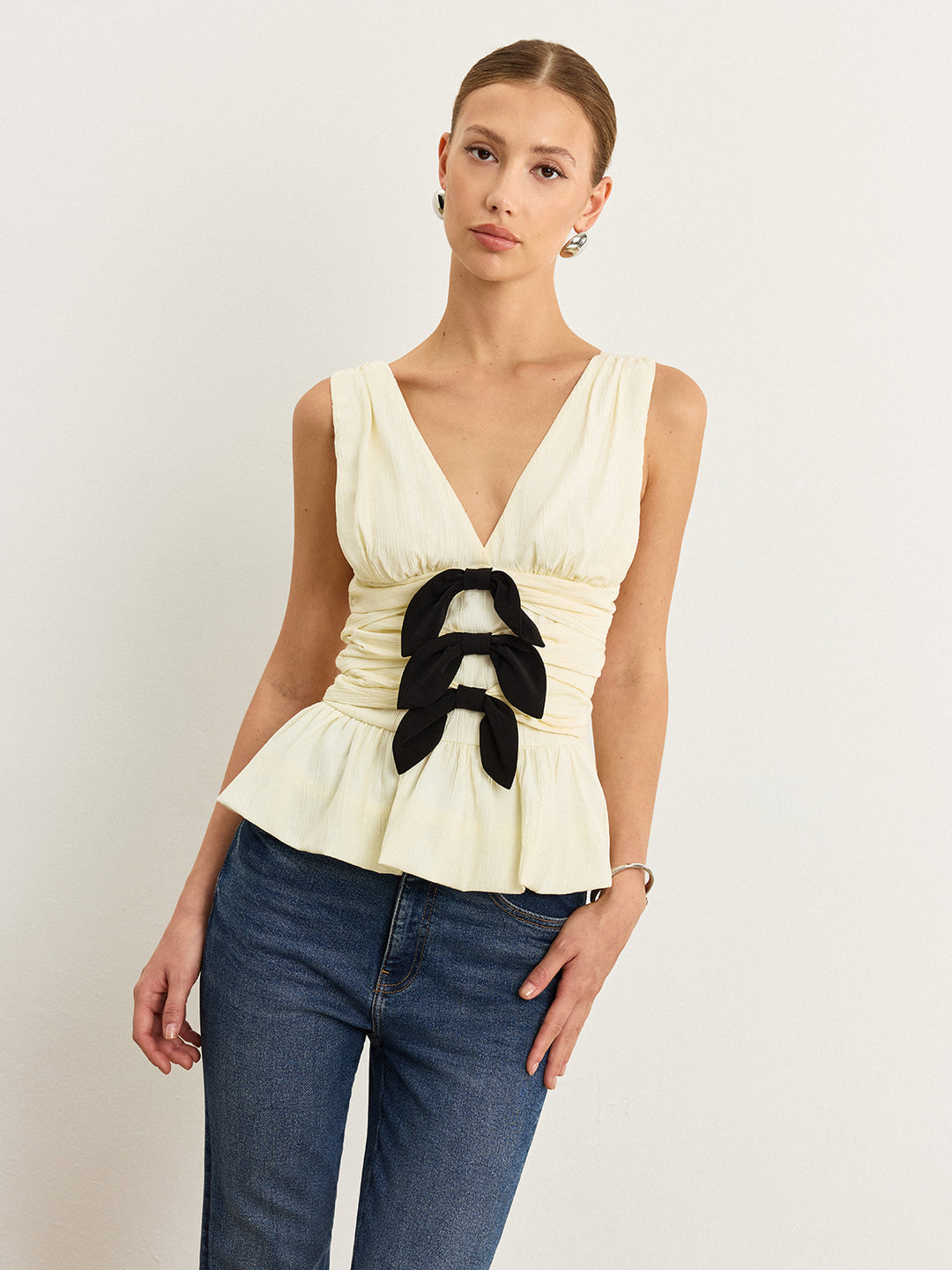 Bow-Detail Ruched Top with Peplum Hem – COMMENSE