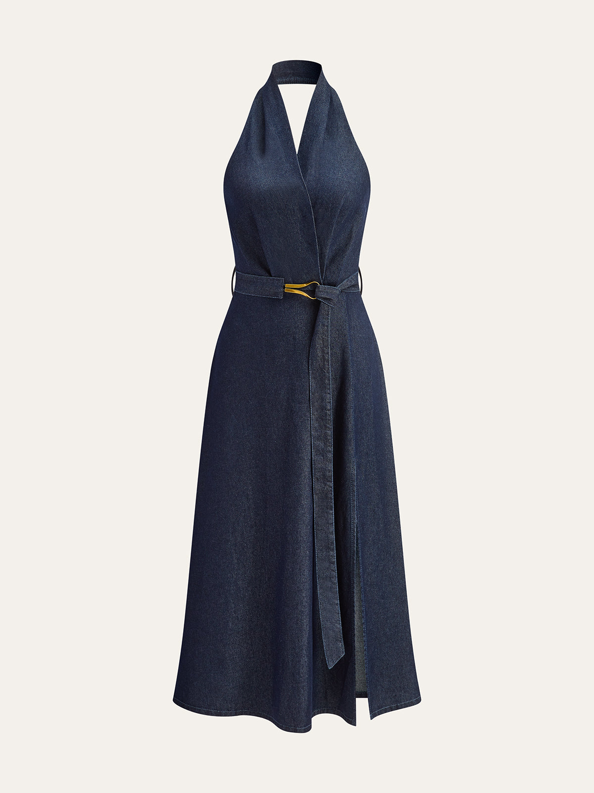 Denim Belted Halter Neck Midi Dress | COMMENSE Denim Belted Halter Neck Midi Dress | COMMENSE