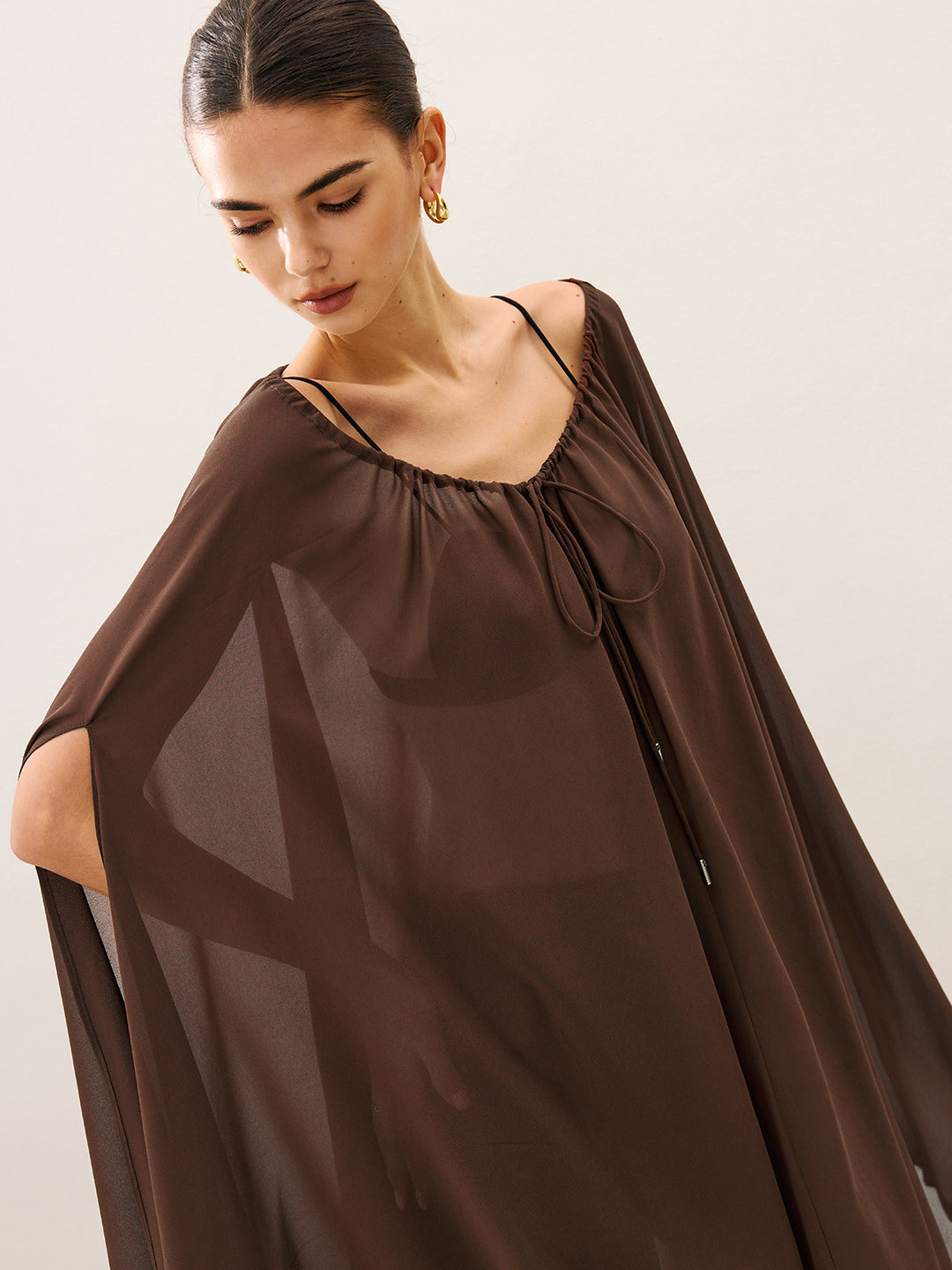 Cape-Style Semi Sheer Chiffon Blouse With Tie Detail | COMMENSE