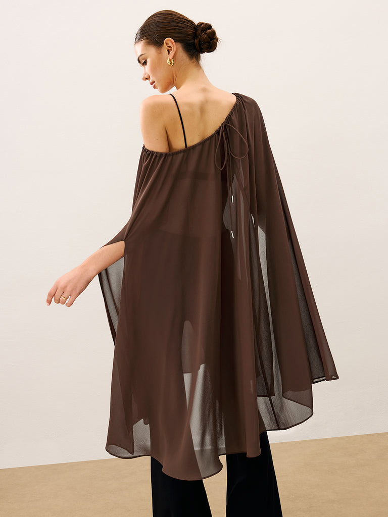 Cape-Style Semi Sheer Chiffon Blouse With Tie Detail | COMMENSE
