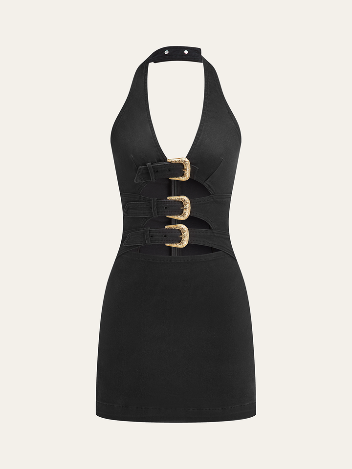 Halter neck buckle detail denim dress - Black