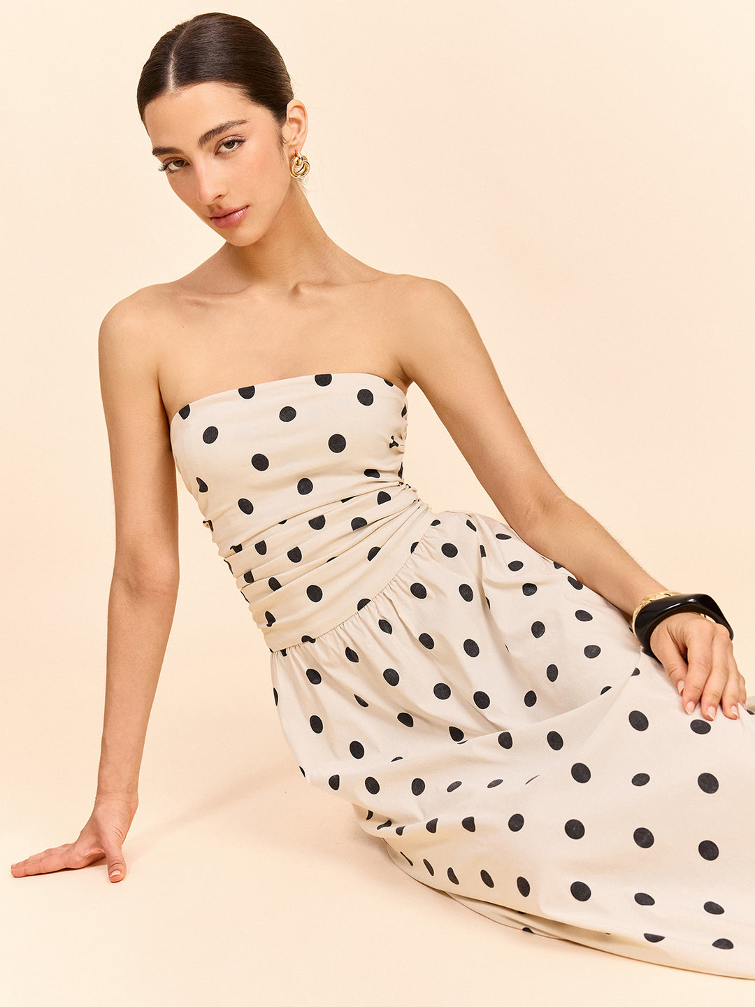Strapless Polka Dot Ruched Midi Dress | COMMENSE Strapless Polka Dot Ruched Midi Dress | COMMENSE