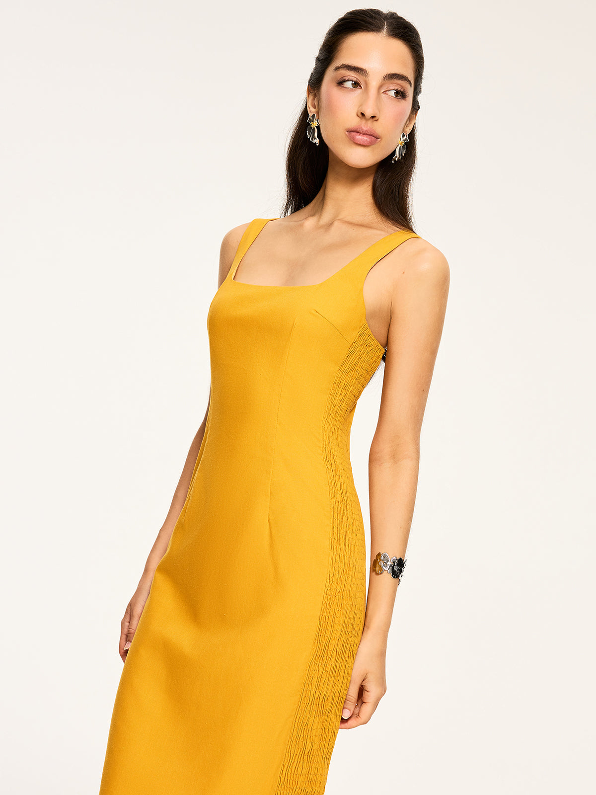 Cotton & Linen Shirred Midi Dress | COMMENSE Cotton & Linen Shirred Midi Dress | COMMENSE