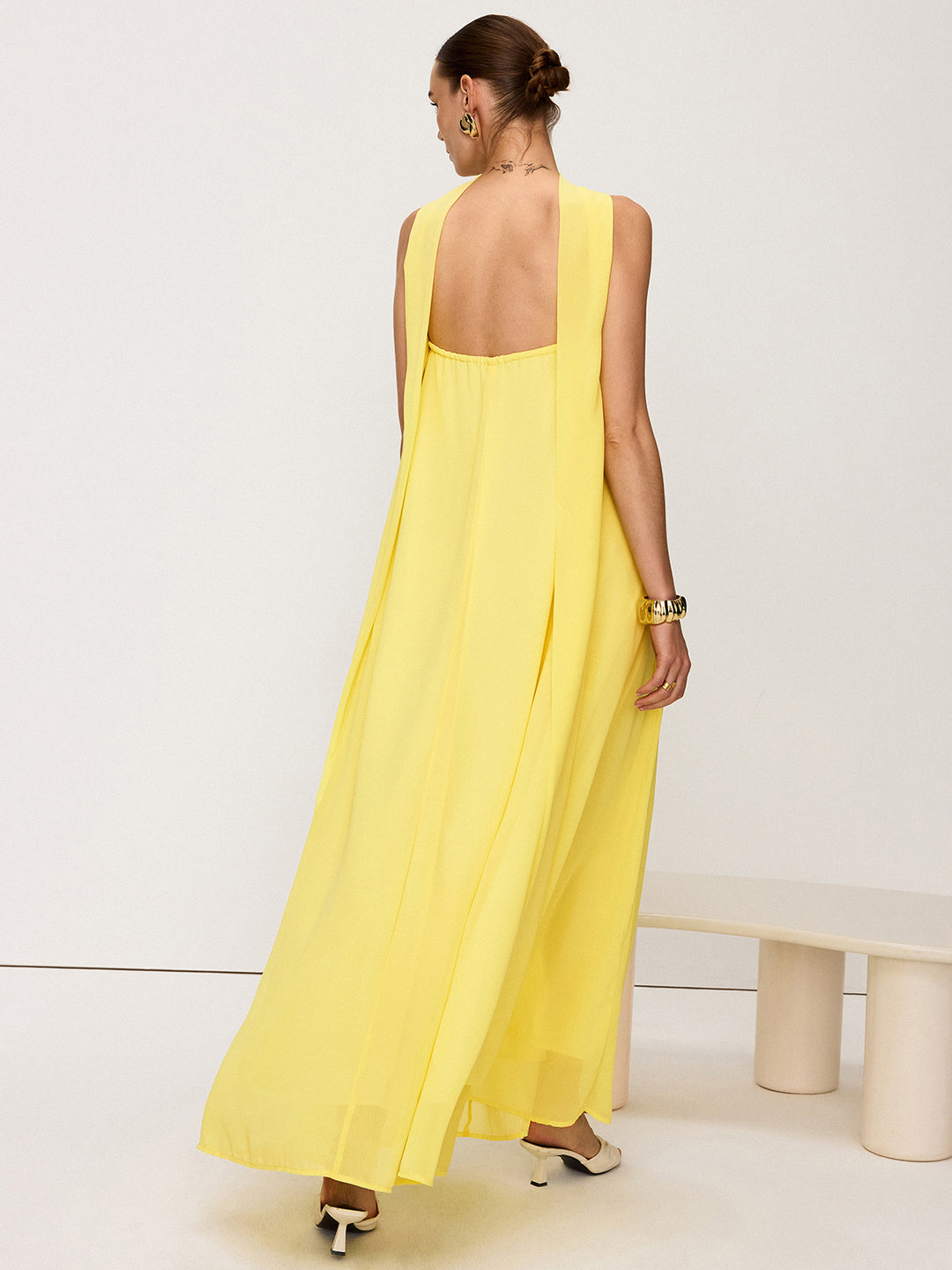 commense yellow satin dress Satin Backless Sleeveless Long Dress