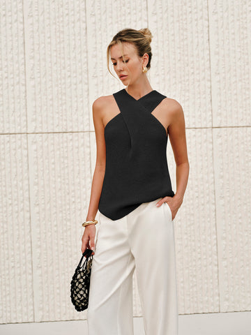 Halter Cross-Over Collar Zipper Decor-Pockets Dress