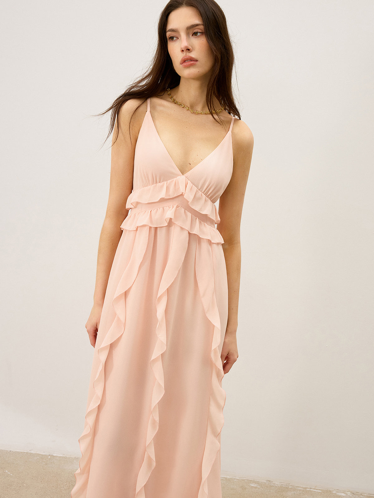 sheer chiffon ruffle maxi dress Andrea and Leo A1341 - Long Chiffon A-Line Dress