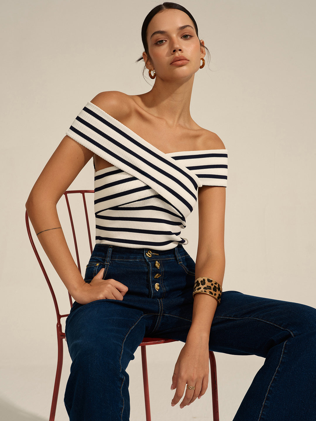 Striped Off-Shoulder Cross Knit Top – COMMENSE