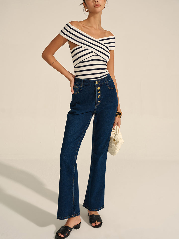 Striped Off-Shoulder Cross Knit Top – COMMENSE