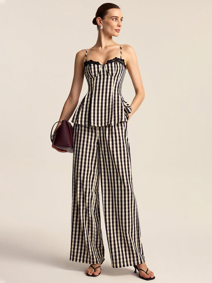 Gingham Spaghetti Strap Peplum Top with Lace Trim | COMMENSE