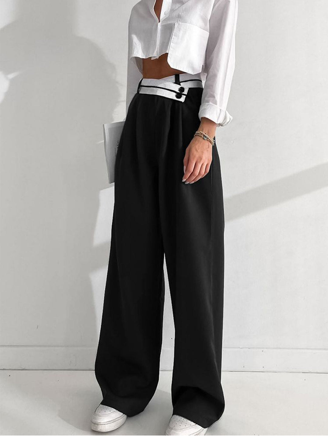 Asymmetrical contrast waistband wide leg dress pants - Black