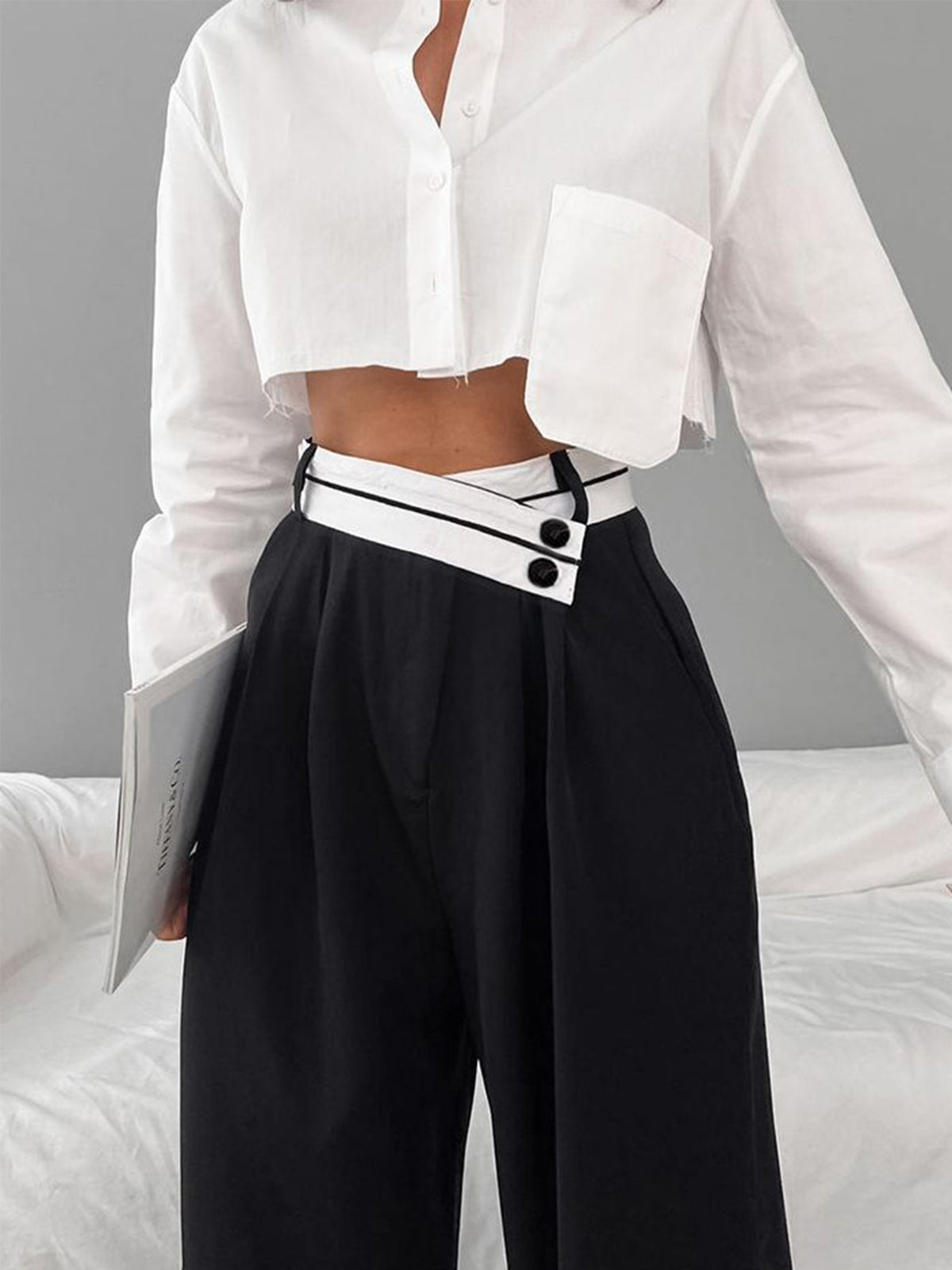Asymmetrical Contrast Waistband Wide Leg Dress Pants - Black - M Asymmetrical Contrast Waistband Wide Leg Dress Pants - Black - M
