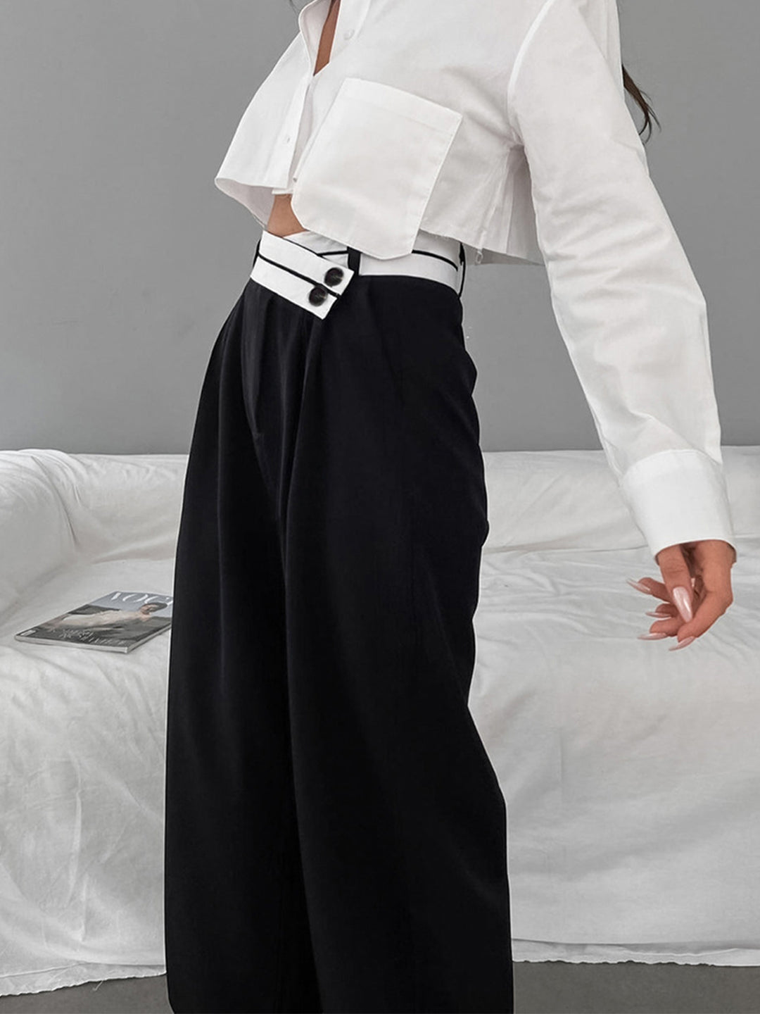 Asymmetrical Contrast Waistband Wide Leg Dress Pants – COMMENSE