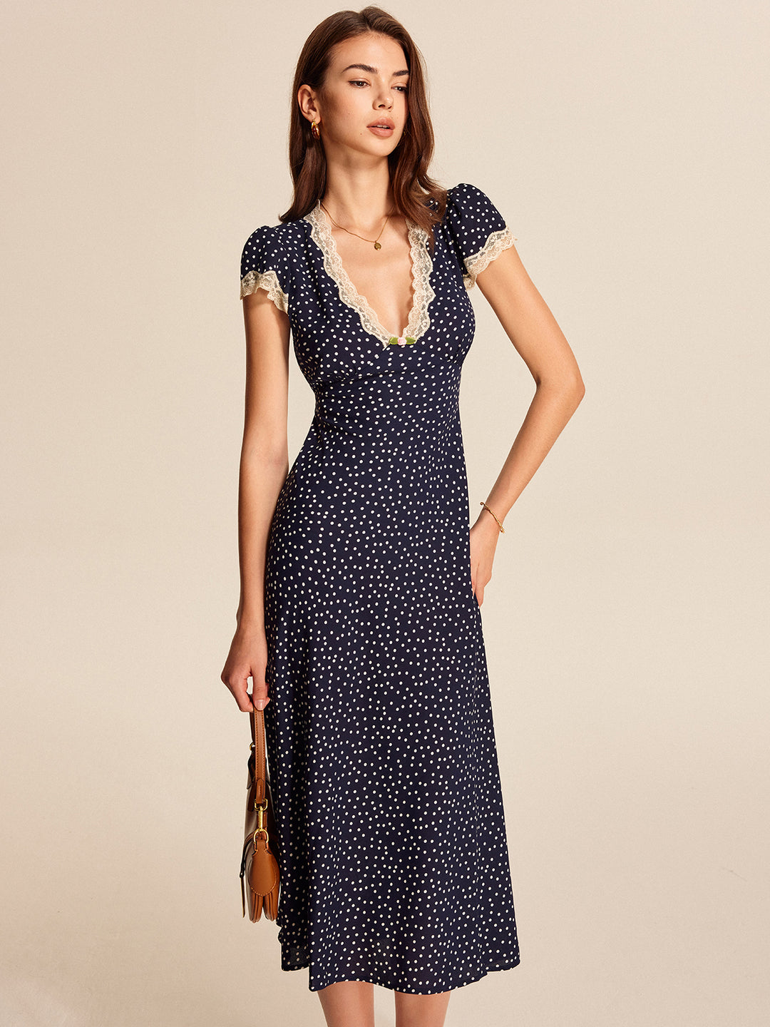 Polka dot lace-trim dress - Blue - M - Commense Polka dot lace-trim dress - Blue - M - Commense