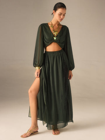 Scoop Lace Top and A-line Chiffon Skirt Set Taupe