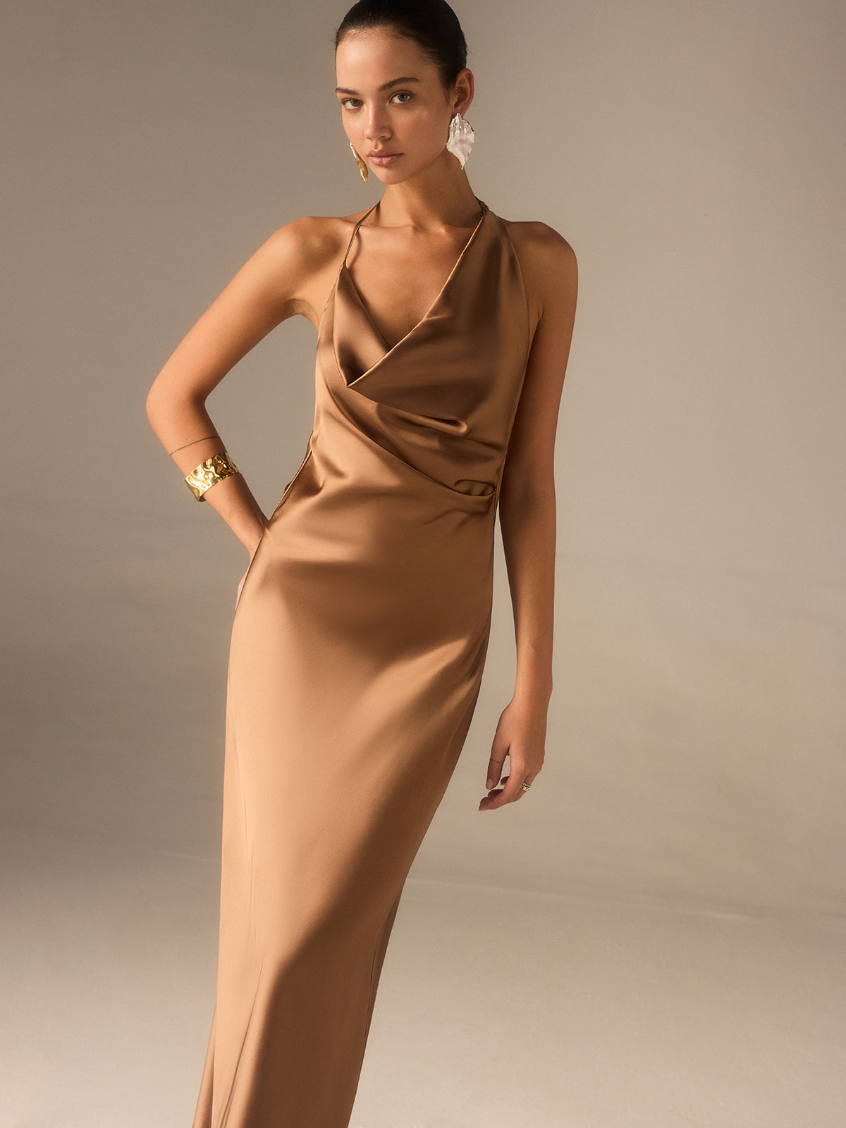 Satin Halter-Neck Backless Maxi Dress | COMMENSE Satin Halter-Neck Backless Maxi Dress | COMMENSE